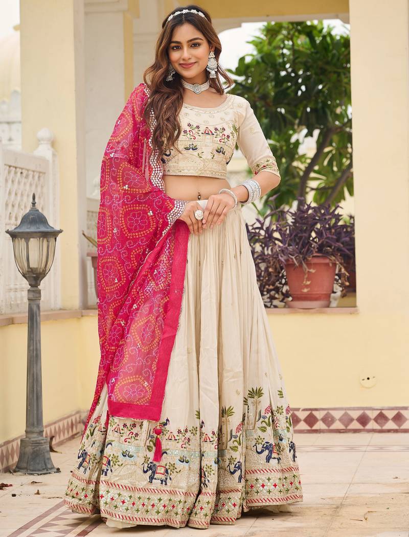 off white sequnis silk lehenga set choli with dupatta with pink dupatta