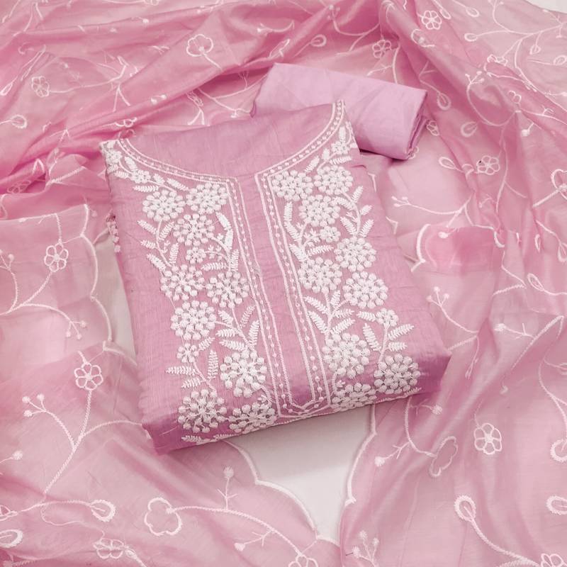 Baby-pink embroidered cotton semi stitched churidar dress-materials