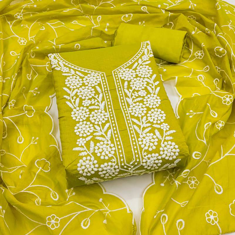 Green embroidered cotton semi stitched churidar dress-materials