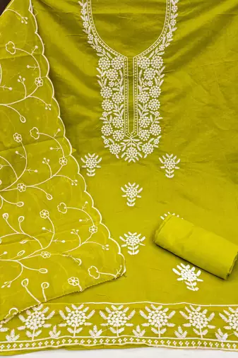 Green embroidered cotton churidar dress-materials
