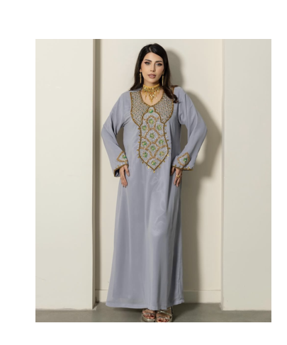 Grey Stitched Handwork Embroidered Ethnic Moroccan Style Kaftan Abaya for Women 1