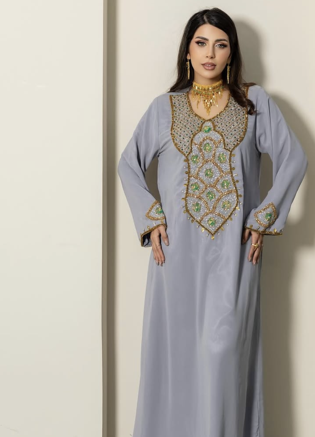 Grey Stitched Handwork Embroidered Ethnic Moroccan Style Kaftan Abaya for Women