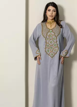 Grey Stitched Handwork Embroidered Ethnic Moroccan Style Kaftan Abaya for Women