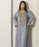 Grey Stitched Handwork Embroidered Ethnic Moroccan Style Kaftan Abaya for Women