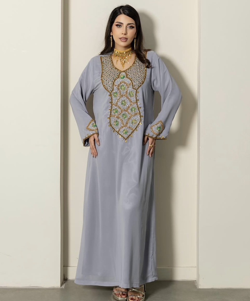 Grey Stitched Handwork Embroidered Ethnic Moroccan Style Kaftan Abaya for Women
