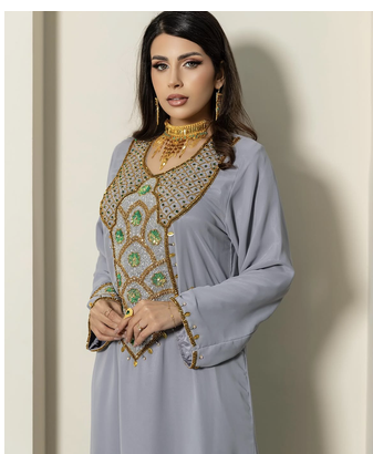 Grey Stitched Handwork Embroidered Ethnic Moroccan Style Kaftan Abaya for Women 2