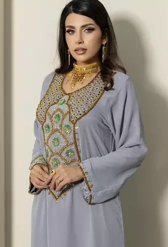 Grey Stitched Handwork Embroidered Ethnic Moroccan Style Kaftan Abaya for Women