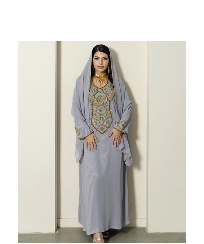 Grey Stitched Handwork Embroidered Ethnic Moroccan Style Kaftan Abaya for Women 3