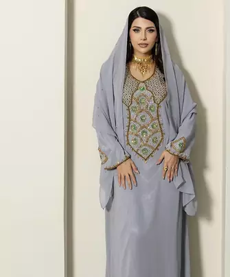 Grey Stitched Handwork Embroidered Ethnic Moroccan Style Kaftan Abaya for Women