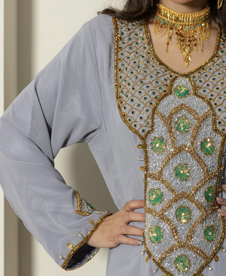 Grey Stitched Handwork Embroidered Ethnic Moroccan Style Kaftan Abaya for Women 4