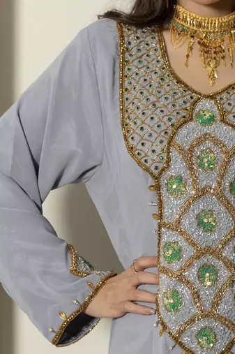 Grey Stitched Handwork Embroidered Ethnic Moroccan Style Kaftan Abaya for Women