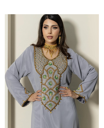 Grey Stitched Handwork Embroidered Ethnic Moroccan Style Kaftan Abaya for Women 5