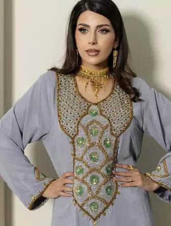 Grey Stitched Handwork Embroidered Ethnic Moroccan Style Kaftan Abaya for Women