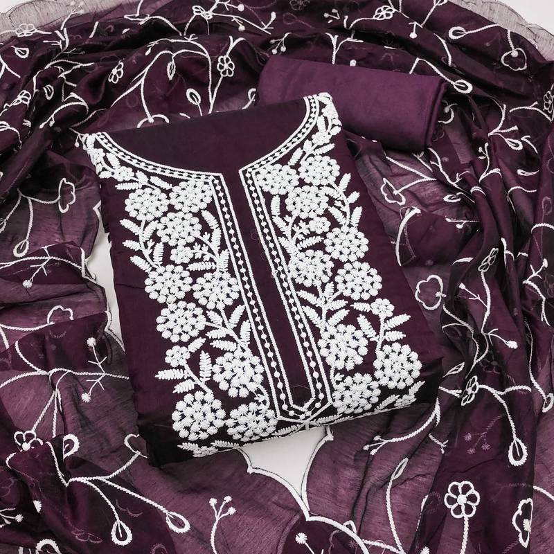 Purple embroidered cotton semi stitched churidar dress-materials
