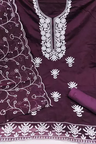 Purple embroidered cotton churidar dress-materials