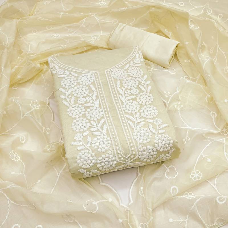 White embroidered cotton semi stitched churidar dress-materials