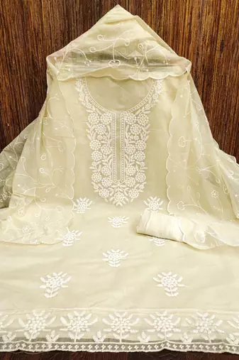 White embroidered cotton churidar dress-materials