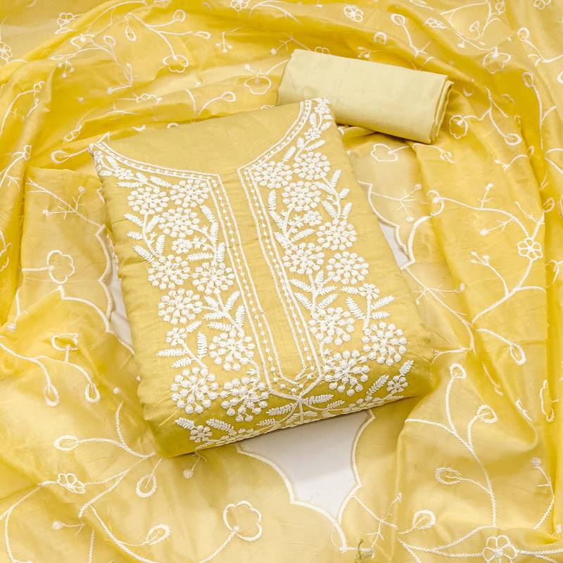 Yellow embroidered cotton semi stitched churidar dress-materials