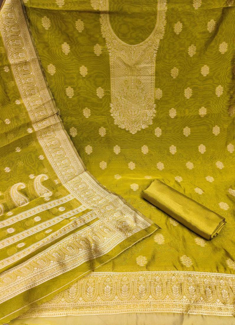 Green woven shimmer semi stitched churidar dress-materials