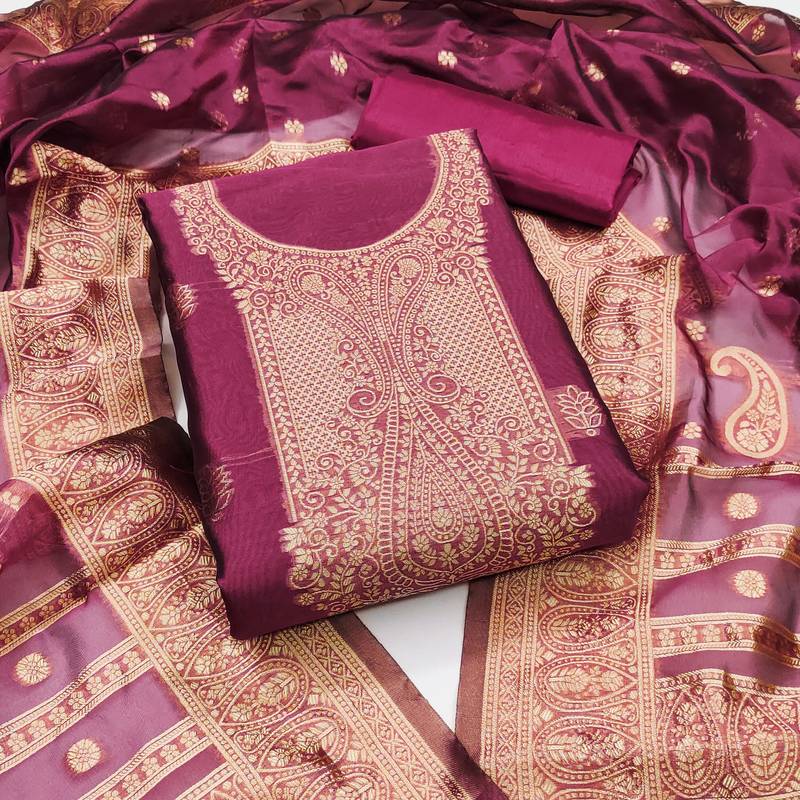 Magenta woven shimmer semi stitched churidar dress-materials