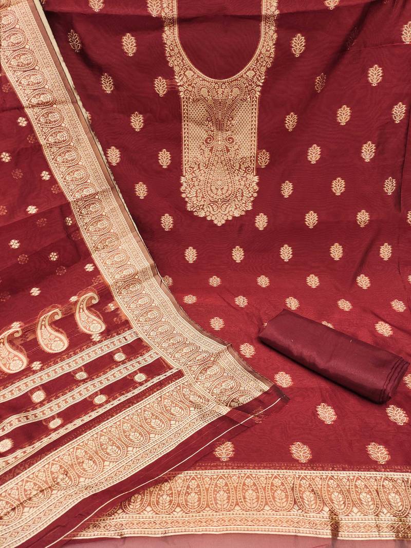 Maroon woven shimmer semi stitched churidar dress-materials