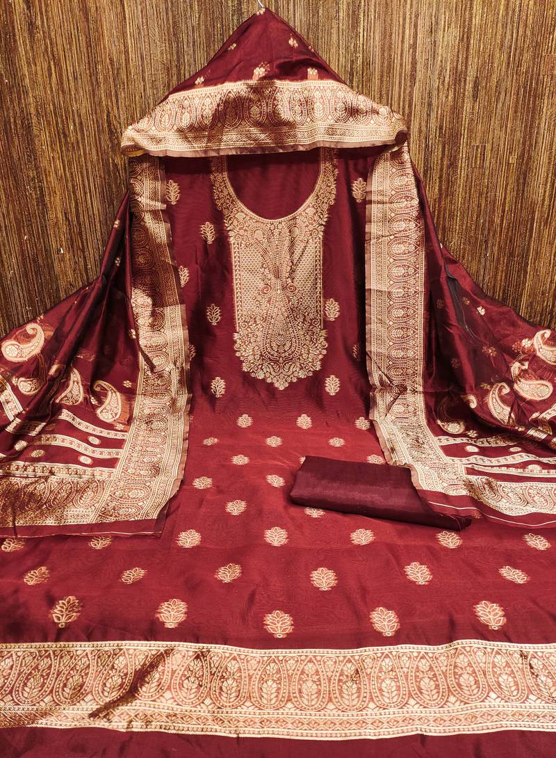 Maroon woven shimmer semi stitched churidar dress-materials