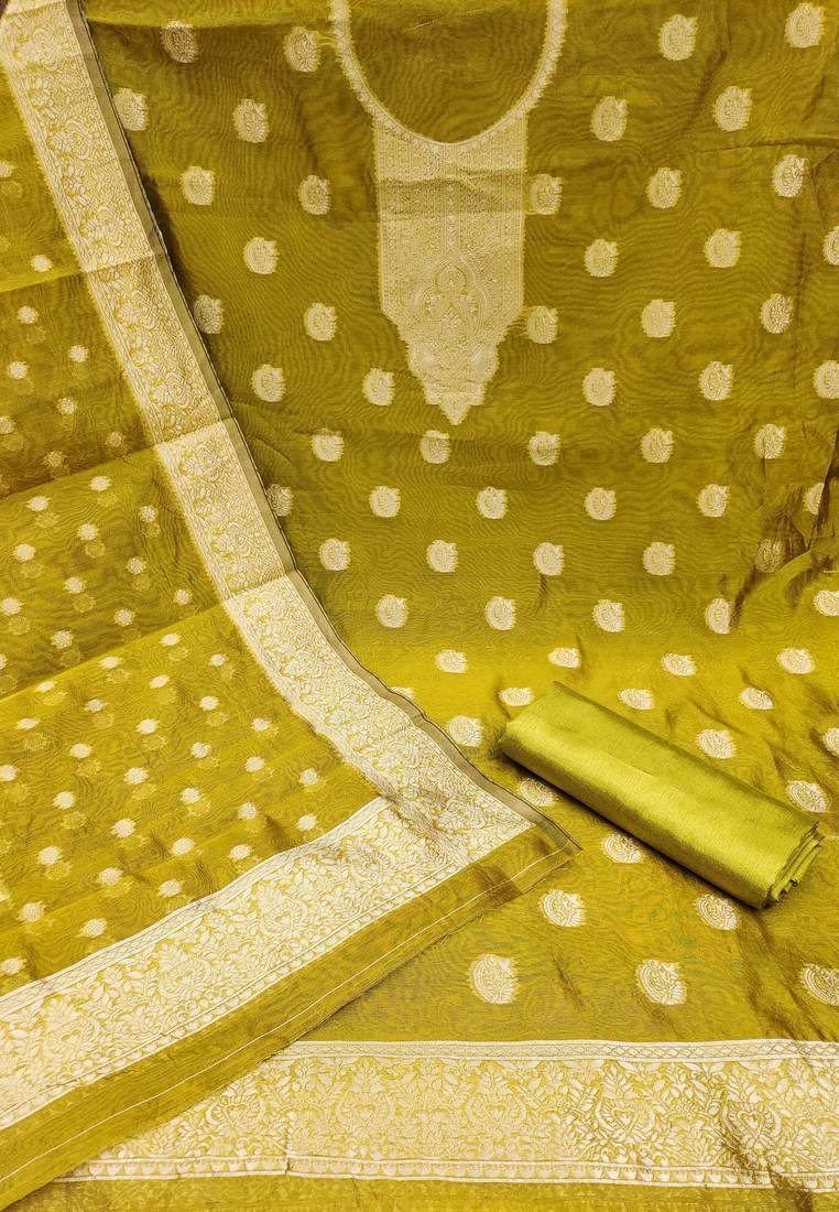 Green woven shimmer semi stitched churidar dress-materials