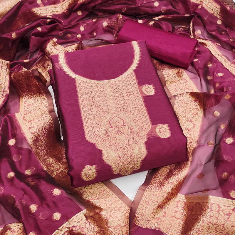 Magenta woven shimmer semi stitched churidar dress-materials
