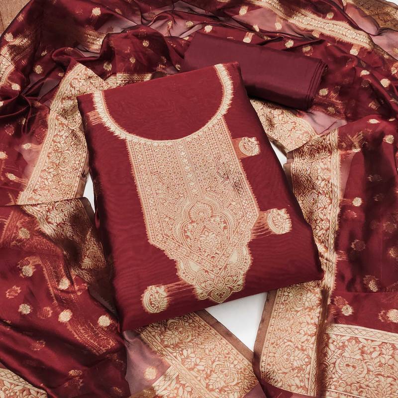 Maroon woven shimmer semi stitched churidar dress-materials