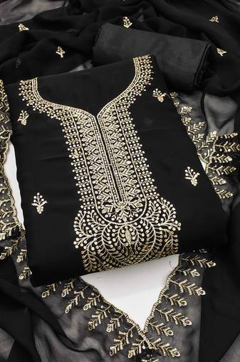 Black embroidered georgette semi stitched churidar dress-materials