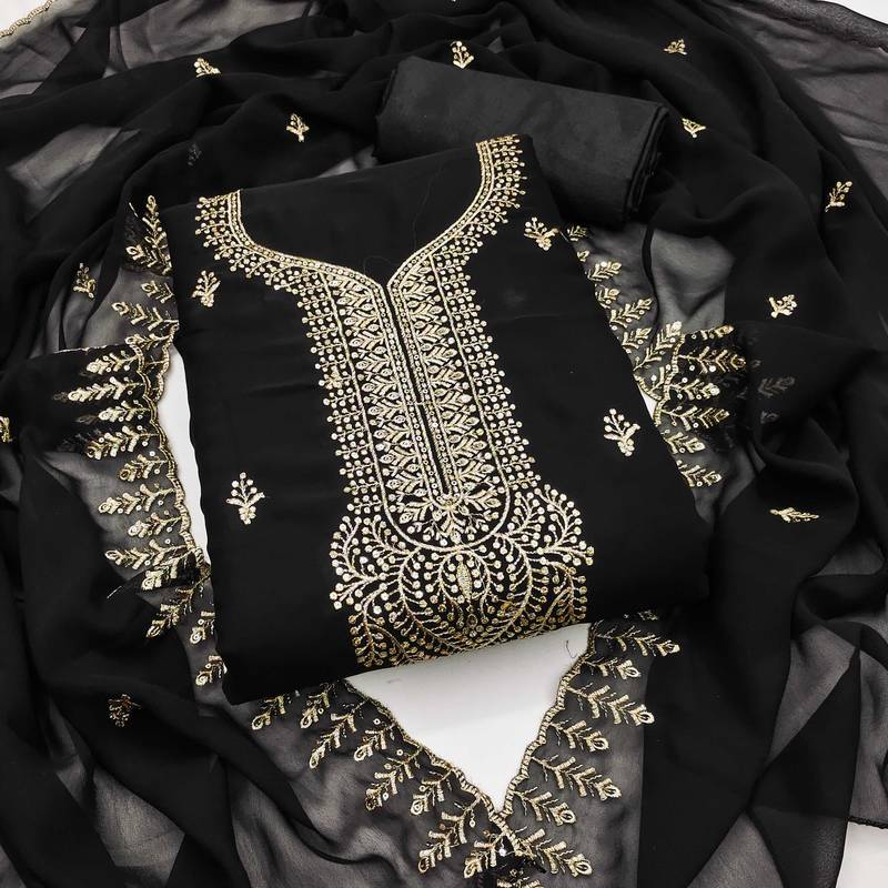 Black embroidered georgette semi stitched churidar dress-materials