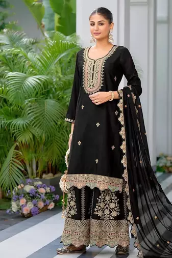 Black Color Chinnon Silk Embroidery Work Palazzo