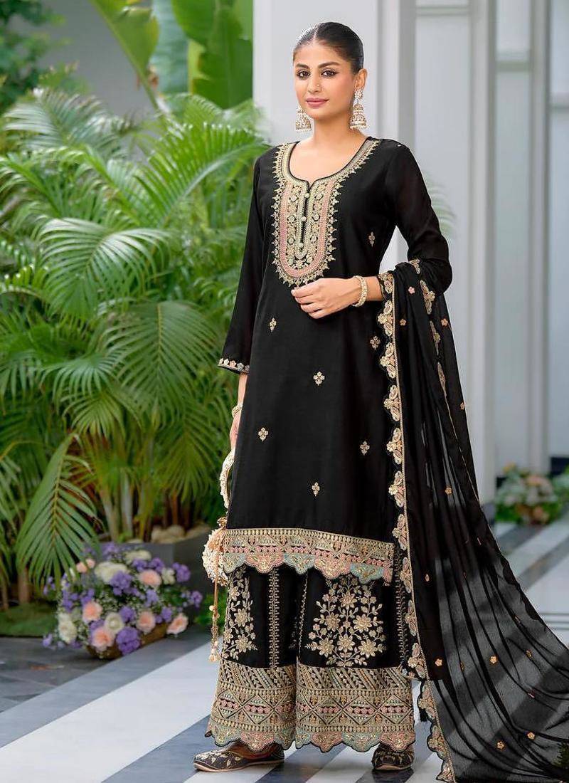 Black Color Chinnon Silk Embroidery Work Palazzo