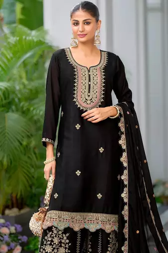 Black Chinnon Silk Embroidery Work Palazzo