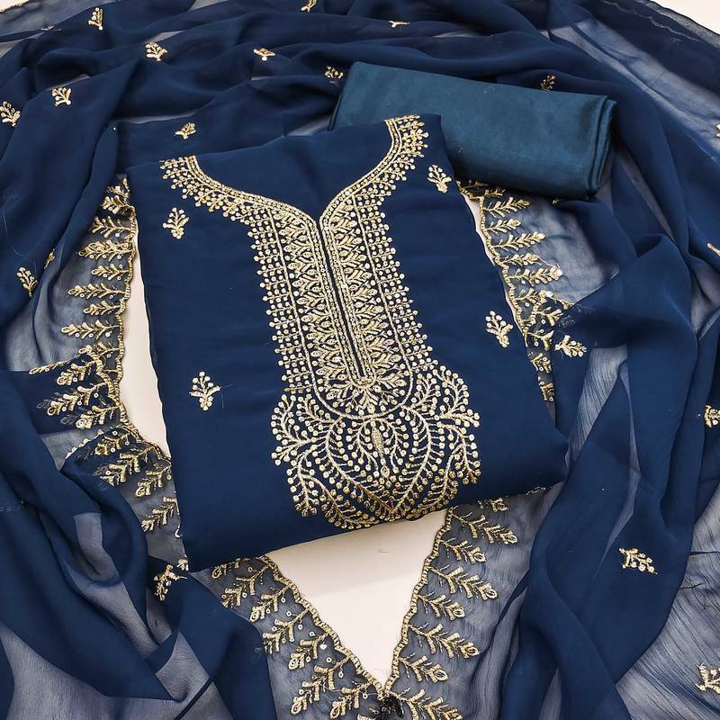 Blue embroidered georgette semi stitched churidar dress-materials