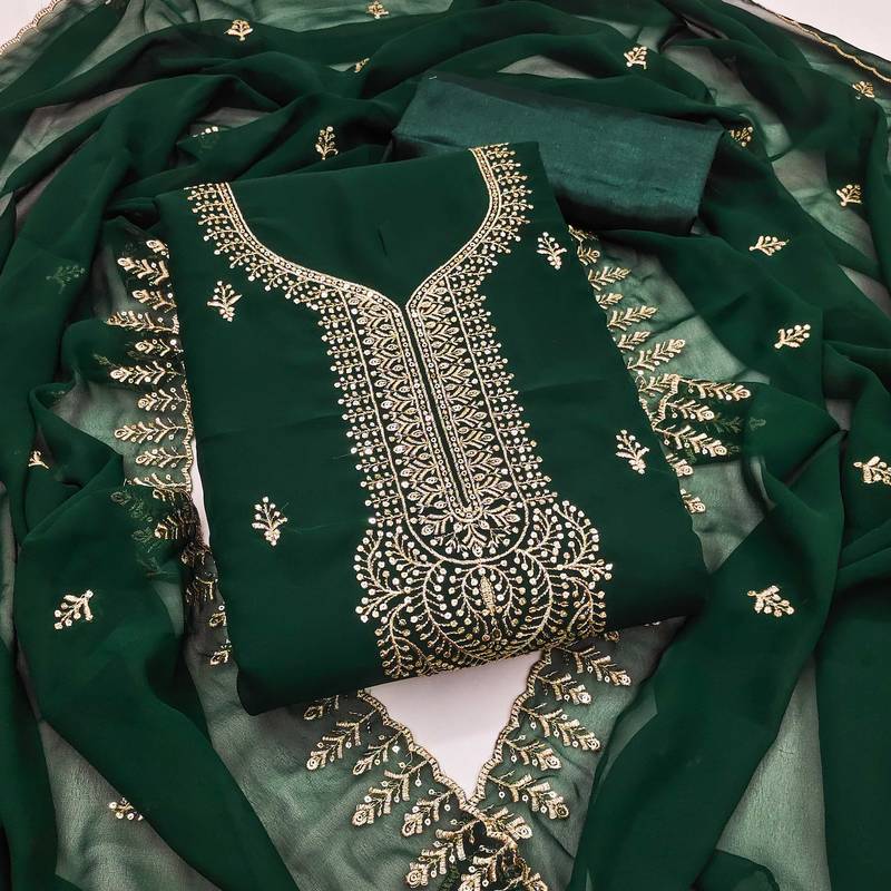 Green embroidered georgette semi stitched churidar dress-materials