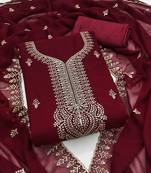 Maroon embroidered georgette semi stitched churidar dress-materials