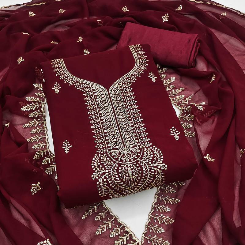 Maroon embroidered georgette semi stitched churidar dress-materials