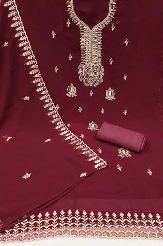 Maroon embroidered georgette churidar dress-materials