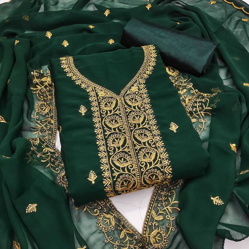 Green embroidered georgette semi stitched churidar dress-materials