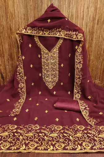 Maroon embroidered georgette churidar dress-materials