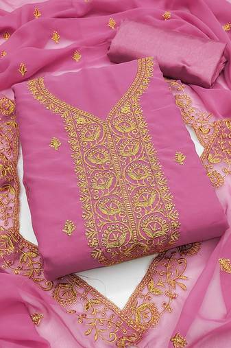 Pink embroidered georgette semi stitched churidar dress-materials