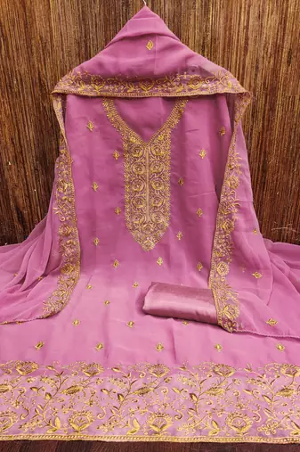 Pink embroidered georgette churidar dress-materials