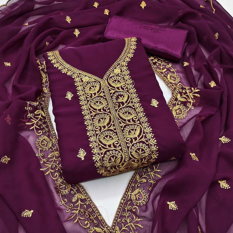 Violet embroidered georgette semi stitched churidar dress-materials