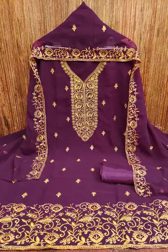 Violet embroidered georgette churidar dress-materials