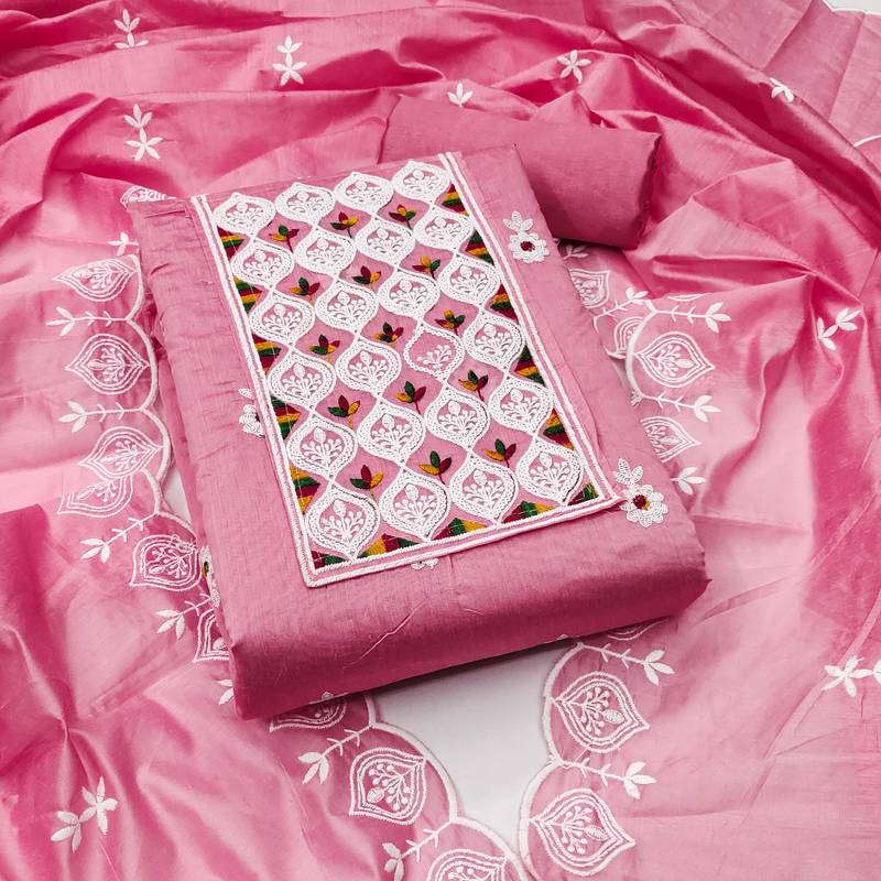 Pink embroidered cotton semi stitched churidar dress-materials