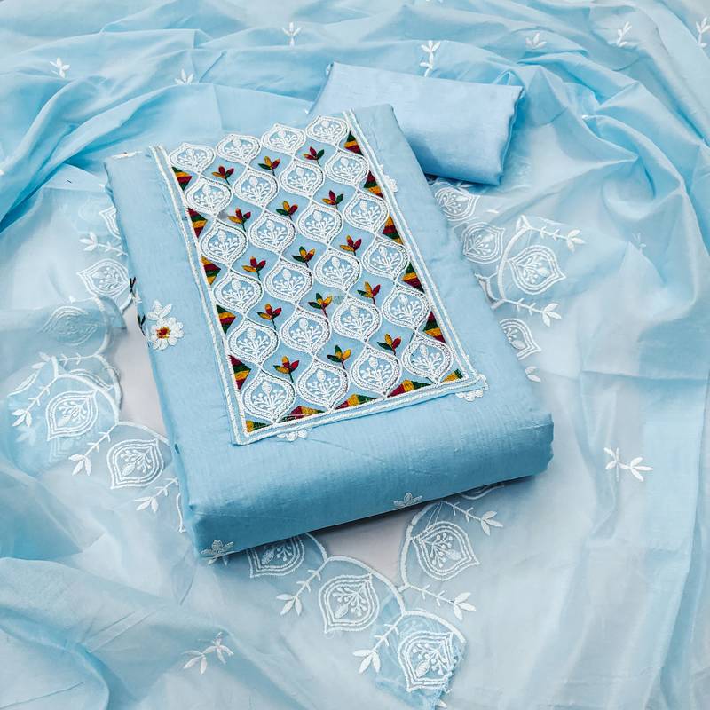 Sky-blue embroidered cotton semi stitched churidar dress-materials