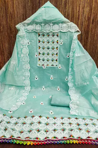 Sea-green embroidered cotton churidar dress-materials