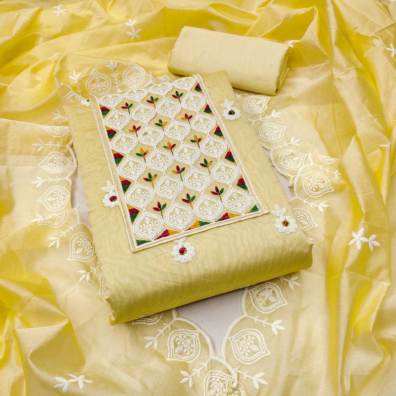 Yellow embroidered cotton semi stitched churidar dress-materials