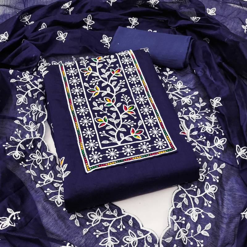 Blue embroidered cotton semi stitched churidar dress-materials